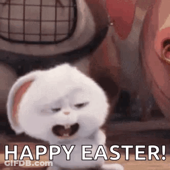 A White Rabbit From The Secret Life Of Pets Is Sitting On A Table With Its Mouth Open . GIF