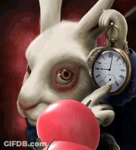 A White Rabbit Holding A Pocket Watch And A Red Apple GIF