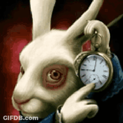 A White Rabbit Is Holding A Pocket Watch And Pointing At The Time GIF