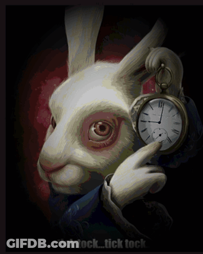 A White Rabbit Is Holding A Pocket Watch And The Words " Tick Tock Tick Tock " Are Below It GIF