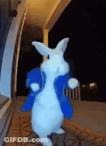 A White Rabbit Wearing A Blue Jacket Is Standing In Front Of A Door . GIF