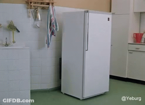 A White Refrigerator In A Kitchen With The Words Yeburg At The Top GIF
