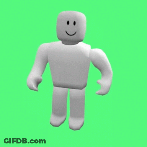 A White Roblox Character With A Smiley Face Is Standing On A Green Background . GIF