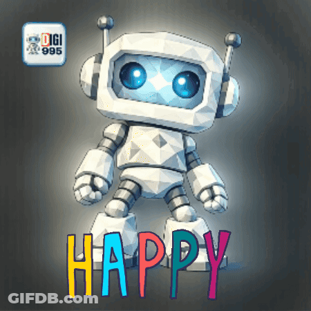 A White Robot With Blue Eyes Is Standing Next To The Words Happy GIF