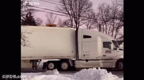 A White Semi Truck Is Driving Down A Snowy Street . GIF