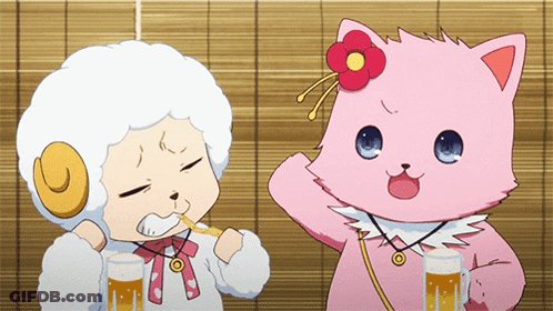 A White Sheep And A Pink Cat Are Eating And Drinking GIF