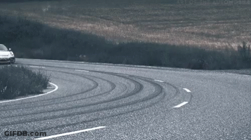 A White Sports Car Is Driving Down A Road With A License Plate That Says S.c.o.m.h. GIF