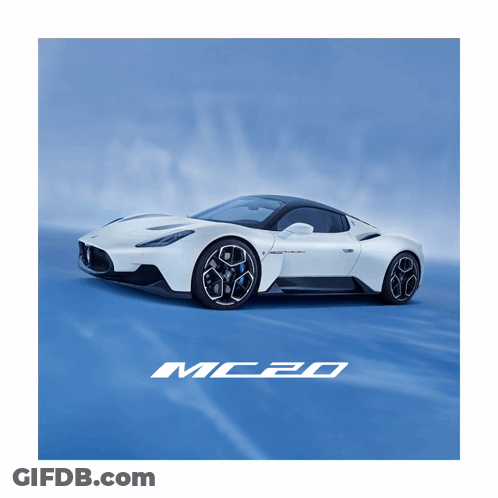 A White Sports Car On A Blue Background With The Word Mc20 Below It GIF