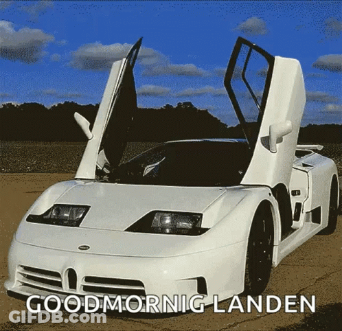 A White Sports Car With Its Doors Open And The Words Good Morning Landen Written Below It GIF