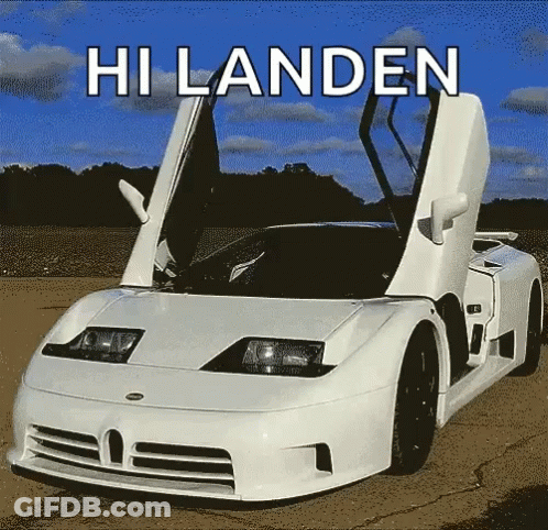 A White Sports Car With The Hood Open And The Words Hi Landen Above It GIF