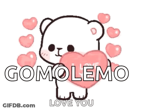 A White Teddy Bear Holding A Pink Heart With The Words " Gomolemo Love You " Surrounded By Pink Hearts GIF