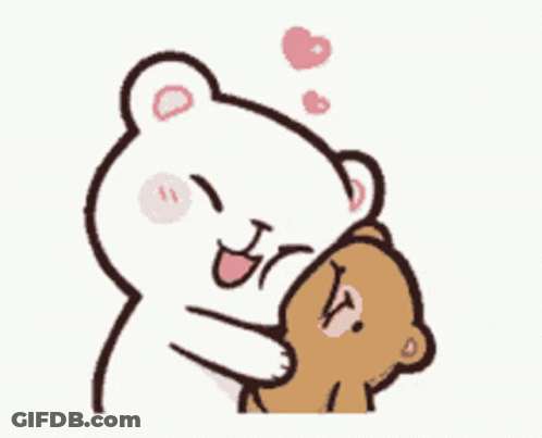 A White Teddy Bear Is Hugging A Brown Teddy Bear With Hearts Floating In The Air . GIF