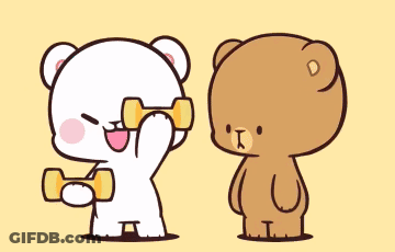 A White Teddy Bear Is Lifting A Yellow Dumbbell While A Brown Teddy Bear Looks On GIF