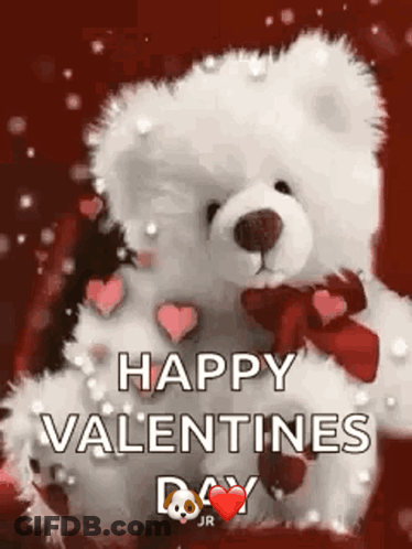 A White Teddy Bear With A Red Bow And Hearts Is Sitting On A Red Background And Says `` Happy Valentines Day '' . GIF