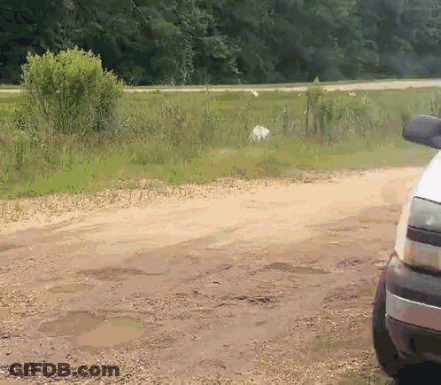 A White Truck Is Parked On A Dirt Road Near A Grassy Field GIF