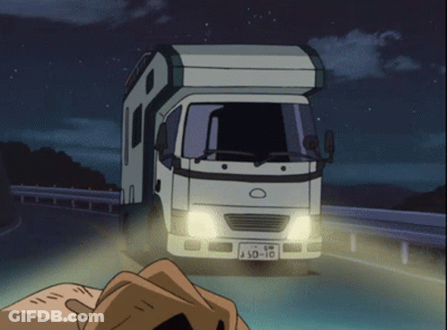 A White Truck With A License Plate That Says Ld-10 Is Driving Down A Road At Night GIF