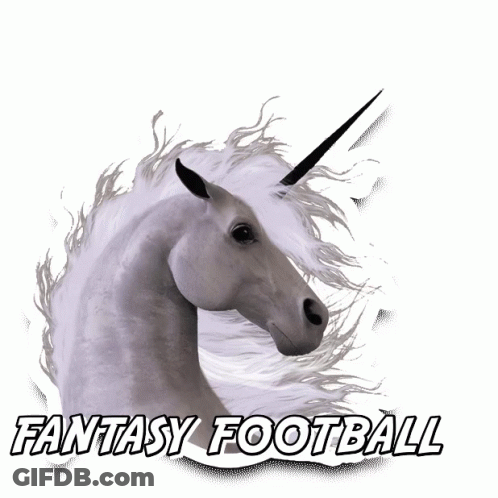 A White Unicorn With A Football Sticking Out Of Its Horn And The Words Fantasy Football Below It GIF