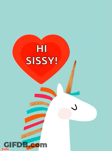 A White Unicorn With A Red Heart That Says Hi Sissy GIF