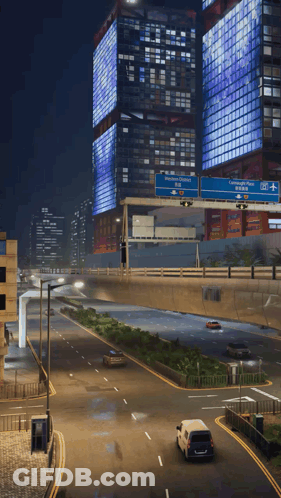 A White Van Is Driving Down A Highway Under A Blue Sign That Says Causeway Bay GIF