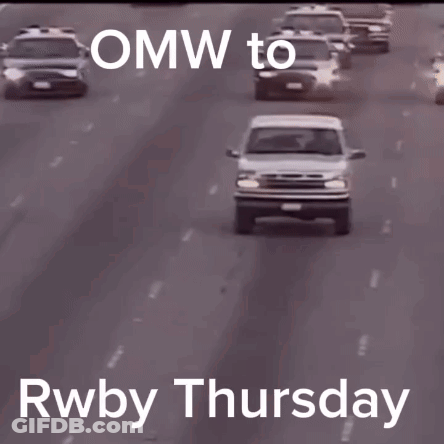 A White Van Is Driving Down A Road With The Words Omw To Rwby Thursday Written On The Bottom GIF