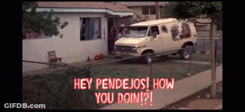 A White Van Is Parked In Front Of A House With The Words Hey Pendejos How You Doin GIF