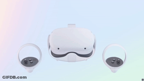 A White Virtual Reality Headset With A Pair Of Controllers Attached To It GIF