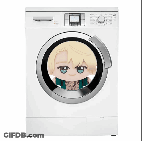 A White Washing Machine With A Picture Of A Girl In The Door GIF