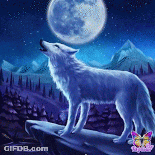 A White Wolf Is Howling At The Moon In A Painting GIF