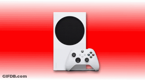 A White Xbox Series S Console With A Controller On A Red Background GIF