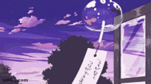 A Wind Chime Hangs From A Window With A Purple Sky In The Background GIF