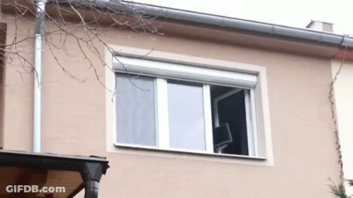A Window On The Side Of A House With A White Shutter On It GIF