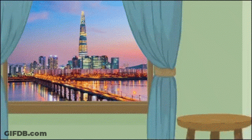 A Window With A View Of A City And A Bridge GIF