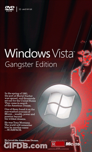 A Windows Vista Gangster Edition Dvd With A Red Background GIF