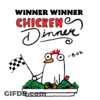 A Winner Winner Chicken Dinner Sign With A Chicken Holding A Flag GIF