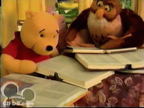 A Winnie The Pooh And An Owl Sit At A Table With Books GIF