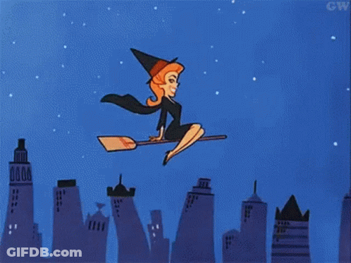 A Witch Is Flying On A Broom Over A City At Night . GIF