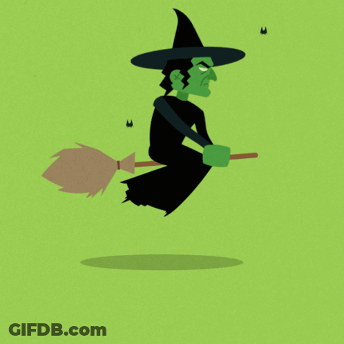 A Witch Is Flying On A Broom With Bats Flying Around Her GIF