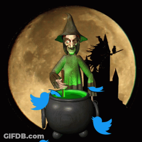A Witch Is Stirring A Green Liquid In A Cauldron With Twitter Birds Flying Around Her GIF