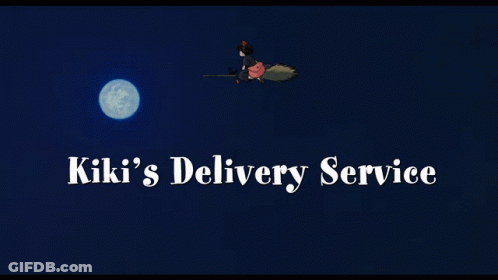 A Witch On A Broom With The Words Kiki 'S Delivery Service Above Her GIF
