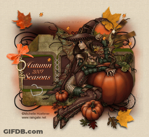 A Witch Sits On A Pumpkin With A Tag That Says Autumn 2007 Seasons On It GIF