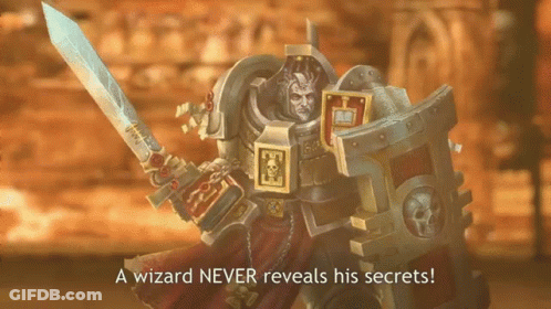 A Wizard Holding A Sword And Shield With The Words " A Wizard Never Reveals His Secrets " Above Him GIF
