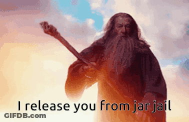 A Wizard With A Beard Is Holding A Wand And Says I Release You From Jar Jail GIF