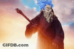 A Wizard With Blue Hair And A Beard Is Holding A Sword In His Hand . GIF