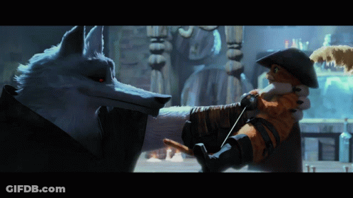 A Wolf And A Fox Standing Next To Each Other In A Dark Room GIF