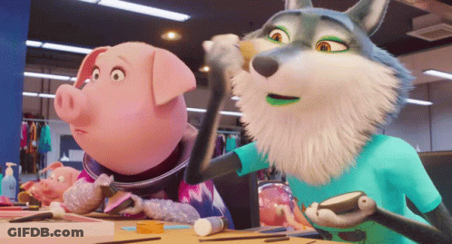 A Wolf And A Pig Are Standing Next To Each Other In A Room GIF