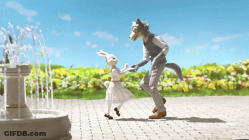 A Wolf And A Rabbit Are Holding Hands In Front Of A Fountain GIF