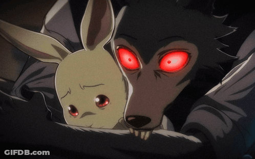 A Wolf And A Rabbit With Red Eyes Looking At The Camera GIF