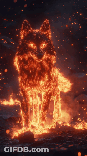 A Wolf Covered In Flames With Glowing Red Eyes GIF