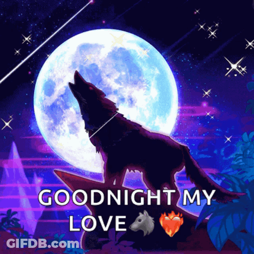 A Wolf Howling At A Full Moon With The Words Goodnight My Love Below It GIF