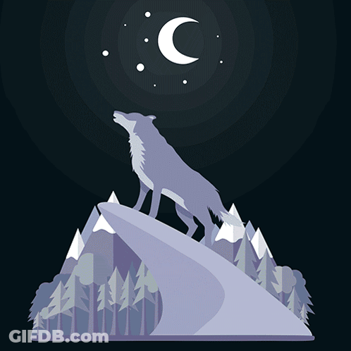 A Wolf Howling At The Moon With A Crescent Moon In The Sky GIF